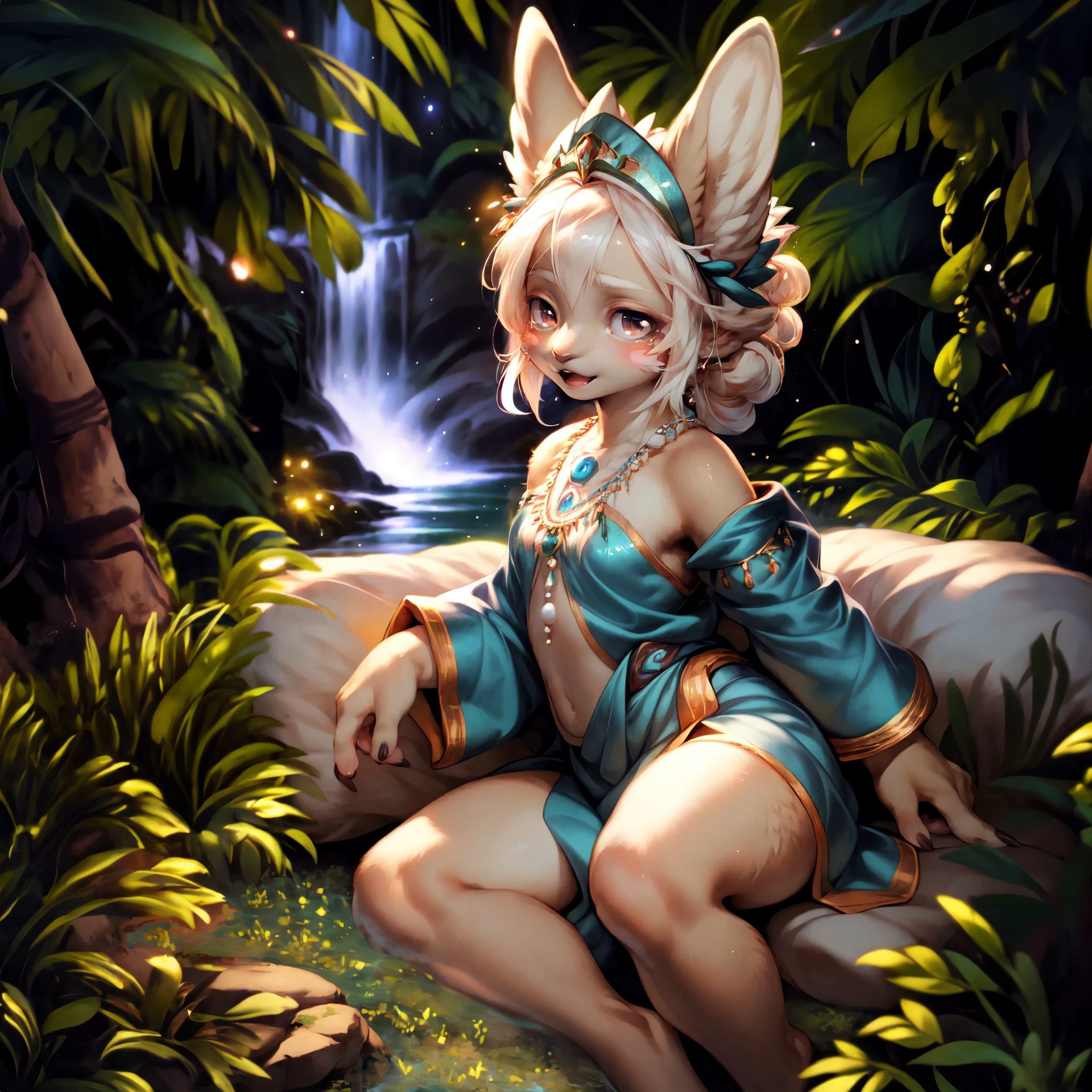 (wildlife photography), masterpiece, ultra realistic,
(three quarter back) view, backside, over the shoulder, hero view,
(furry) (anthro) female,  [rabbit|goat], mineru, zonai, facial markings, eyeshadow, white hair, clothed,
bunny, nanachi \(made in abyss\),
detailed and extremely fluffy body fur, blushing, (chibi), glossy fur, young adult, thick thighs, cute, young,
open mouth, happy, mischievous,
ponytail,
reclining on a couch, (spread legs:0.5),
intricate jewelry,
(Ocean Sorceress Robes, Flowing aqua-blue robes adorned with seashell starfish crown and pearl-embellished tiara), (midriff:0.5),
uploaded on e621, by Anixaila, by Youjomodoki, by Demicoeur, by castitas, by darkgem, (by dagasi:0.5), (by Artur Bordalo:0.5),
furrycore,
harem outfit, dancer, dancing, see-through,
[[mlpapplejack, ponytail, ]],
twilight, evening
Whispering Waterfalls, Cascading waters from towering cliffs, misty rainbows in the spray, hidden grottos behind the falls with glowing crystals,
Vibrant coral reefs visible beneath the surface of the shallow water,
Lunar Nightshade Gardens, Gardens filled with nocturnal luminescent flora that bloom under the moonlight,
detailed, realistic, 8k uhd, high quality, high quality photography, 3 point lighting, flash with softbox, 4k, Canon EOS R3, hdr, smooth, sharp focus, high resolution, award winning photo, 80mm, f2.8, bokeh,
cinematic composition, cinematic lighting,highly detailed, masterpiece, best quality, realistic, (intricate:0.9), (high detail:1.4), film photography, sharp focus,