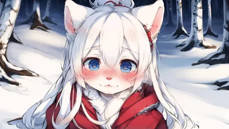 red coat, girl covered on blood, blood on snow, winter forest, realistic snow, detailed background, furry female, snow leopard, ...