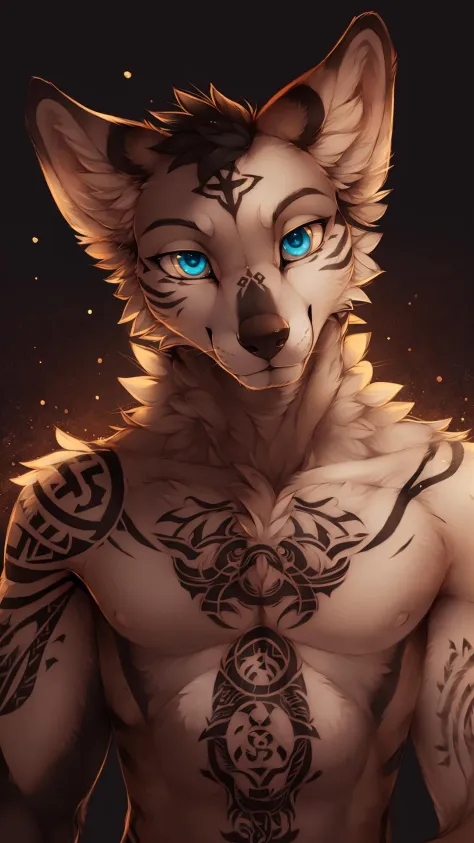 solo, furry anthro fox male, Yakuza style, detailed fur texture, (realistic face and eyes), intricate tattoos, (yakuza symbol:1.4), (sharp claws), piercing gaze, dark background, masterpiece, (by F-R95, by Hioshiru, by einshelm)