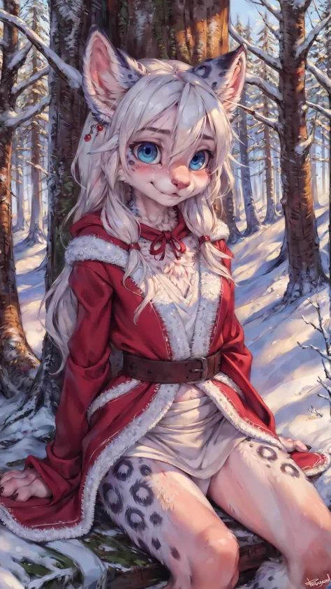 red coat, girl covered on blood, blood on snow, winter forest, realistic snow, detailed background, furry female, snow leopard, body fur, fur, anthro, fluffy, neck fur, animal ears, animal nose, blush, pawpads, outdoors, blue detailed eyes, long hair, hair ornament, white hair, full body, smiling, cute, shy, petite, slim, feminine, large eyes, breasts, by foxovh, by  personalami, by thebigslick, by einshelm, by dagasi,