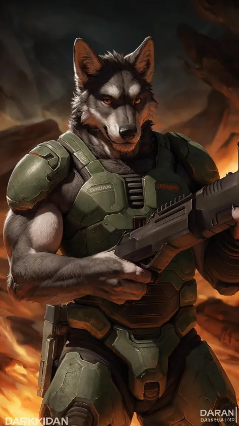 High detail, film, cinematic, realistic, masterpiece, male with(gun), (DOOM3), wolf, anthro, furry, wolf ears, detailed fur, sol...