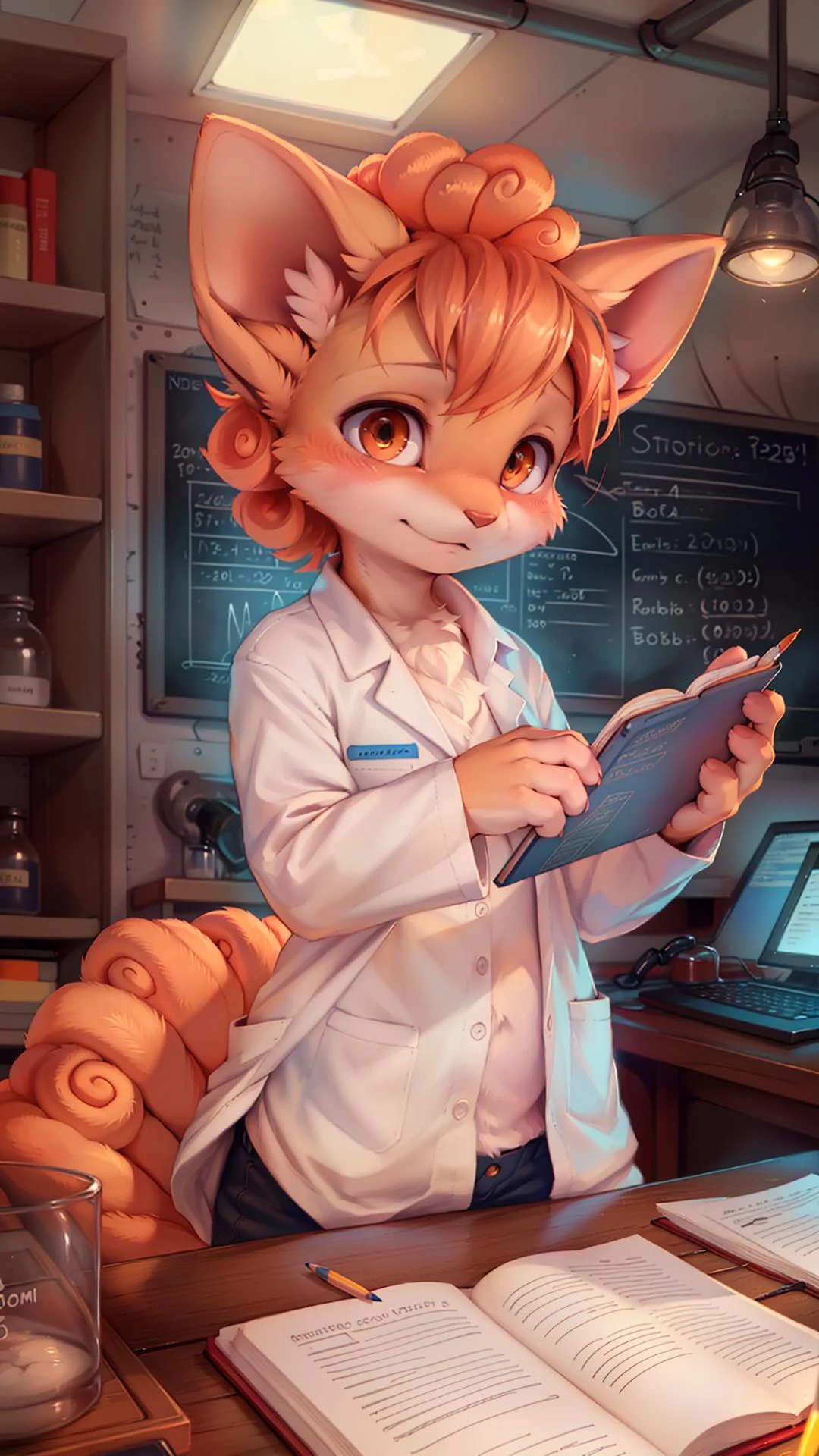 detailed background, a modern laboratory with high-tech equipment and glowing monitors, shelves filled with colorful vials and beakers. In the center of the lab stands a((petite, slim)(Vulpix:1.2))female scientist wearing a pristine white lab coat, (her vibrant orange fur contrasting against the sterile environment). Her((intelligent amber eyes:1.1)sparkle with curiosity), as she peers through a microscope, (small paw carefully adjusting the focus), (scientific papers scattered across the desk). The room is filled with an air of intellectual energy as she scribbles notes in her notebook, (pencil poised between her delicate paws). Behind her, intricate formulas and equations are written on a chalkboard, (charts and graphs detailing her latest findings), (state-of-the-art machinery humming softly in the background), [by dagasi|ancesra:0.6], [by foxovh|personalami:1.1], [by einshelm|tom_fischbach], (by Hioshiru:0.9), [by zackary911, by thebigslick]