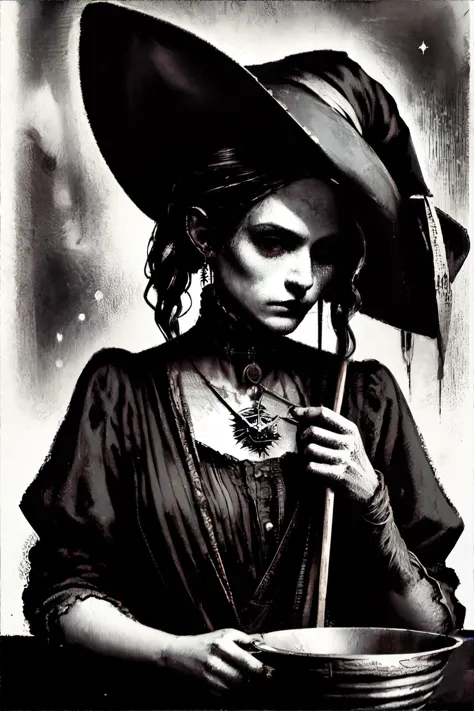 <lora:spooky-inzaniak:0.6>, woman wearing pirate  rugged tricorn hat, holding enchanted compass, witchs kitchen with bubbling st...