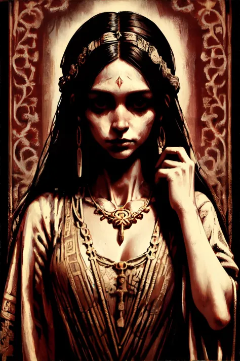 <lora:spooky-inzaniak:0.6>, woman wearing bone-carved necklace, holding ancient tapestry, dreamland with lucid fantasies, <clip:skip:2>, masterpiece, 8k, high resolution, shallow depth of field, sharp focus