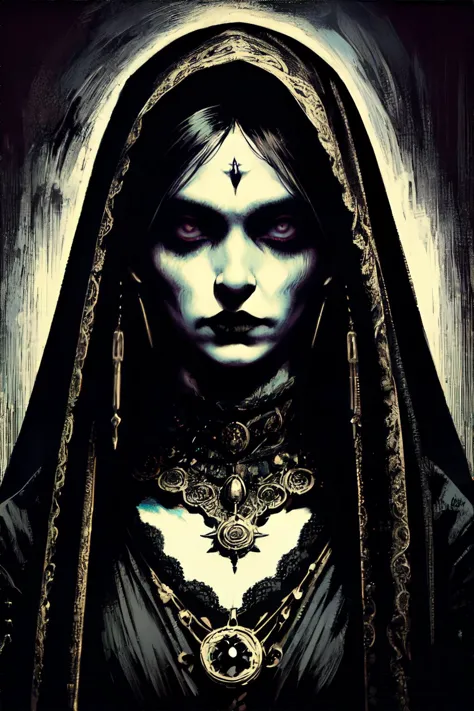 <lora:spooky-inzaniak:0.6>, woman wearing warlock dark hood, holding ornate locket, nightmarish circus with deranged clowns, <cl...