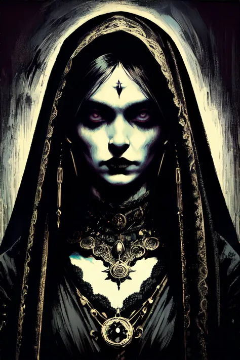 <lora:spooky-inzaniak:0.6>, woman wearing warlock dark hood, holding ornate locket, nightmarish circus with deranged clowns, <clip:skip:2>, masterpiece, 8k, high resolution, shallow depth of field, sharp focus