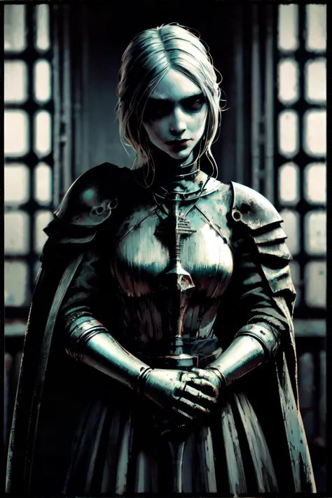 <lora:spooky-inzaniak:0.6>, woman wearing knight shining armor, holding diabolical machine, abandoned asylum with tortured memor...