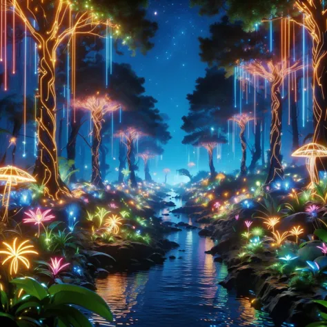 a river with colorful lights in the middle of it and trees