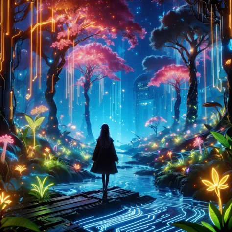 a woman standing in a forest with glowing trees and flowers