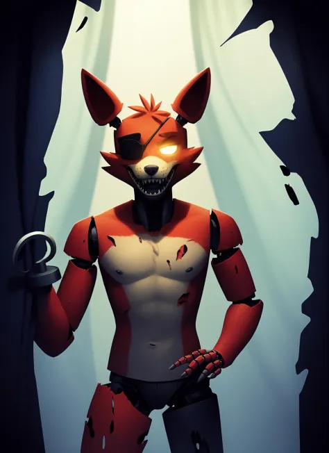 foxy, furry male, robot, (torn body:1.2), (eyepatch lift:1.1), standing, hand on hip, portrait, solo, (best quality), (star curt...