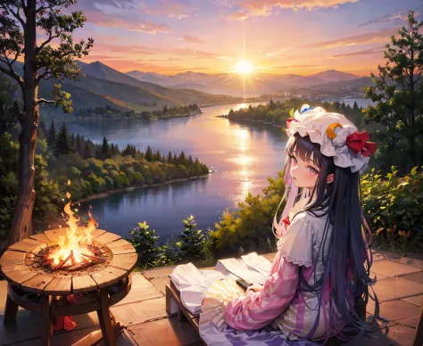 ((patchouli_knowledge)), 1girl, orange_sky, sunset, twilight, autumn, autumn_leaves, fire, gradient_sky, mountainous_horizon, evening, dusk, 1girl, red_sky, cloud, mountain, scenery, campfire, cloudy_sky, sky, sun,tree, outdoors,solo, long_hair, horizon, building,  lake, river, water, sunrise, cityscape, purple_sky, holding, holding_leaf, city, ocean, leaf