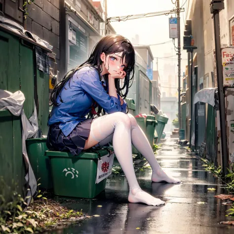 A girl in a school uniform sat on the wet ground in a dirty and cluttered alley, her clothes soaked through from the rain.white ...