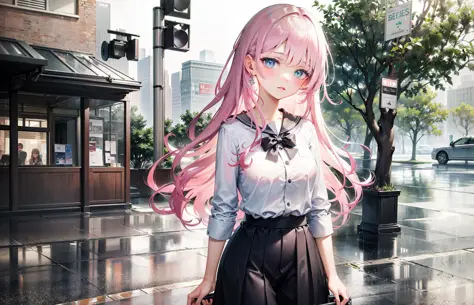 ((best quality)), (masterpiece:1.2),(delicate and beautiful girl), illustration,1girl,pink hair,very long hair,blue eyes,looking at viewer,rain,rainy day,raincoat, school uniform,towncar,street,traffic light,<lora:odinSphereStyle_v11:0.6>