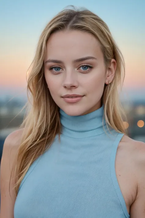 A photograph of (1girl, 25 years old),  <lora:ZH_HMattsson_v1:1>, zh_hmattsson, solo, realistic, looking at viewer, blonde hair, blue eyes, seductive smile, outdoors, rooftop, night sky, turtleneck dress,