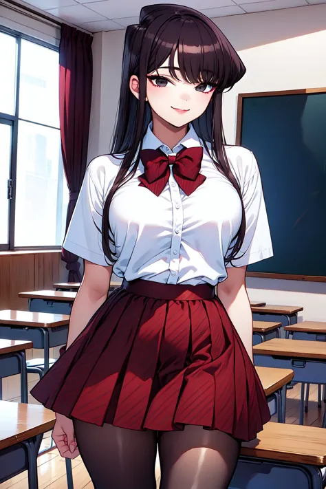 anime girl in a school uniform standing in a classroom