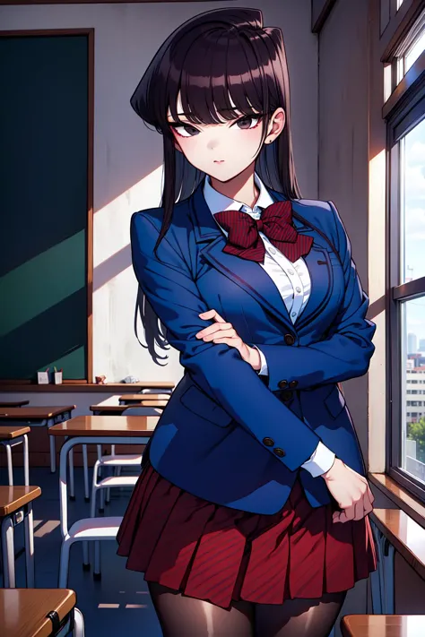 1girl, cowboy shot, classroom, 
komi_shouko, black eyes, black hair, long hair, school uniform, red bowtie, jacket, blazer, long sleeves, striped, pleated skirt, red skirt, black pantyhose,  <lora:komi_shouko_lora_ver3:0.7>, best quality, masterpiece, highres, <lora:GoodHands-vanilla:1>