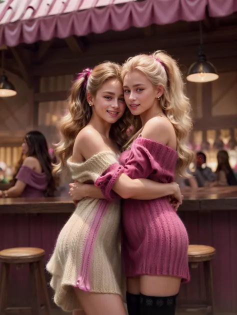 two women hugging each other in a bar with a pink awning