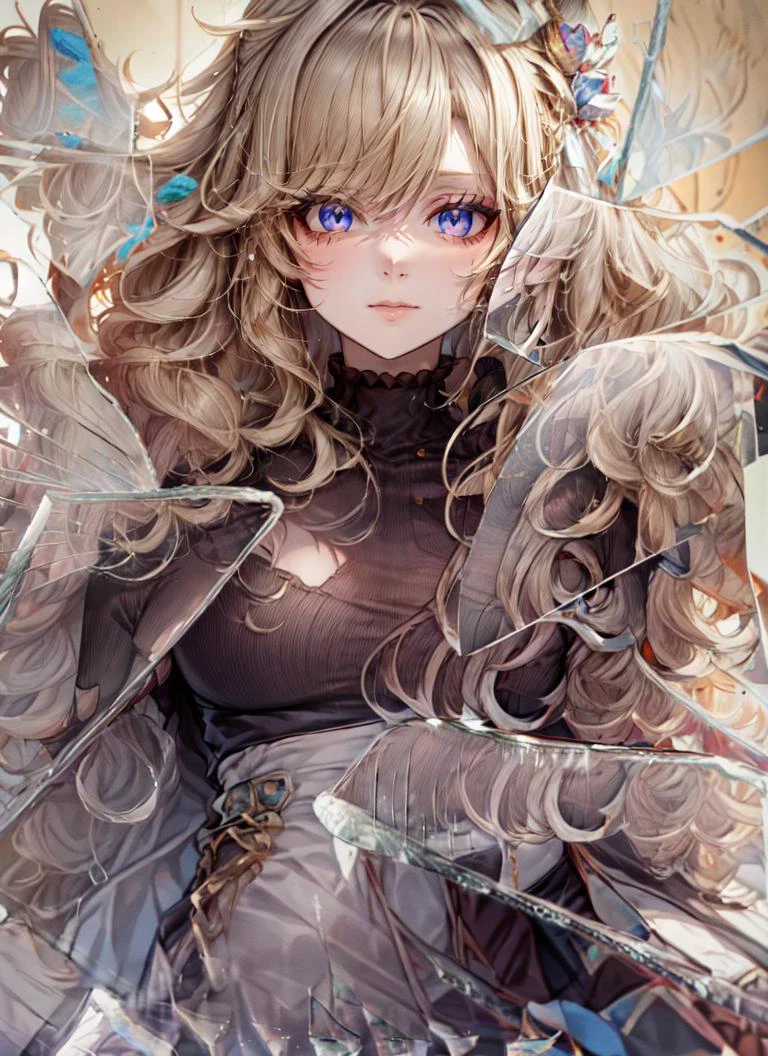 ((best quality)), ((highly detailed)), masterpiece, absurdres, extremely detailed face, beautiful face, (detailed eyes, deep eyes), (1girl), top view, looking at viewer, upper bodyprincess, ((very long hair)), big hair, curly hair, blonde hair, large dress, (maxiskirt), crown, (inside, on a stairway), IncrsBrknGls, broken glass, reflection