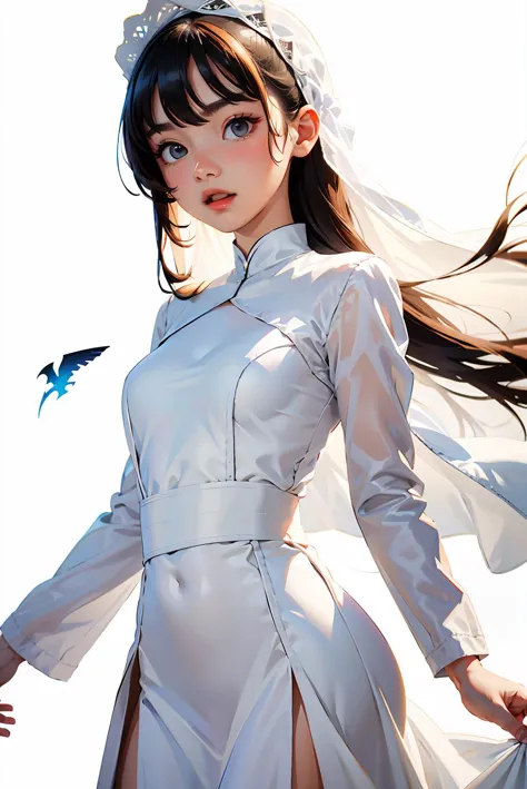 anime - style woman in a white dress with a veil and a bird