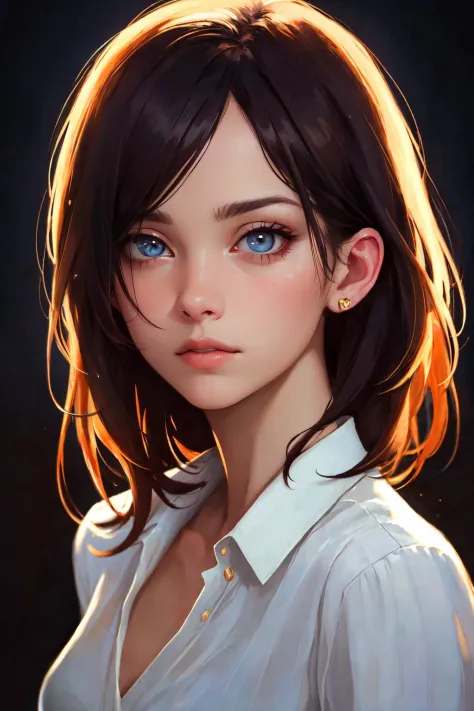 1girl, (realistic:1.3), standing, photo, gorgeous, feminine, photorealism, cute blouse, dark background, oil painting, masterpiece, diffused soft film lighting, portrait, best quality (perfect face:1.4), ultra realistic highly detailed intricate photorealistic analog style photograph sharp focus on eyes, cinematic lighting