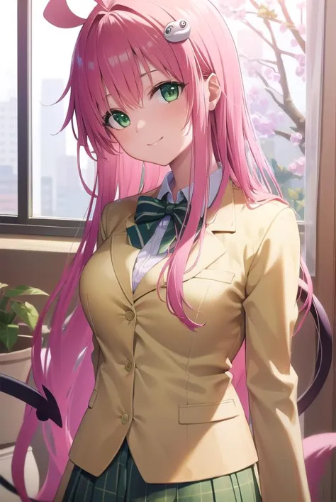 laladevilluke, <lyco:laladeviluke-lyco-nochekaiser:1>,
lala deviluke, long hair, pink hair, tail, ahoge, bangs, hair ornament, (green eyes:1.5), <lora:talkmouth_E_v100:0.8>,
BREAK school uniform, white shirt, (yellow blazer:1.5), blazer, ribbon, green ribbon, pleated, pleated skirt, skirt, (green skirt:1.5),
BREAK indoors, classroom,
BREAK looking at viewer, (cowboy shot:1.5),
BREAK <lyco:GoodHands-beta2:1>, (masterpiece:1.2), best quality, high resolution, unity 8k wallpaper, (illustration:0.8), (beautiful detailed eyes:1.6), extremely detailed face, perfect lighting, extremely detailed CG, (perfect hands, perfect anatomy),