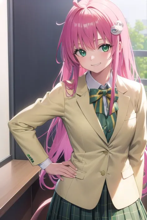 anime girl with pink hair and green eyes in a school uniform