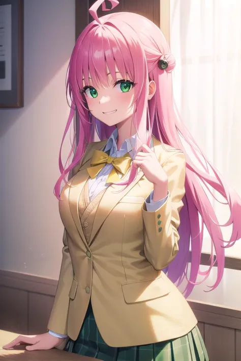 laladevilluke, <lyco:laladeviluke-lyco-nochekaiser:1>,
lala deviluke, long hair, pink hair, tail, ahoge, bangs, hair ornament, (green eyes:1.5), <lora:talkmouth_I_v100:0.8>, smile,
BREAK school uniform, white shirt, (yellow blazer:1.5), blazer, ribbon, green ribbon, pleated, pleated skirt, skirt, (green skirt:1.5),
BREAK indoors, classroom,
BREAK looking at viewer, (cowboy shot:1.5),
BREAK <lyco:GoodHands-beta2:1>, (masterpiece:1.2), best quality, high resolution, unity 8k wallpaper, (illustration:0.8), (beautiful detailed eyes:1.6), extremely detailed face, perfect lighting, extremely detailed CG, (perfect hands, perfect anatomy),