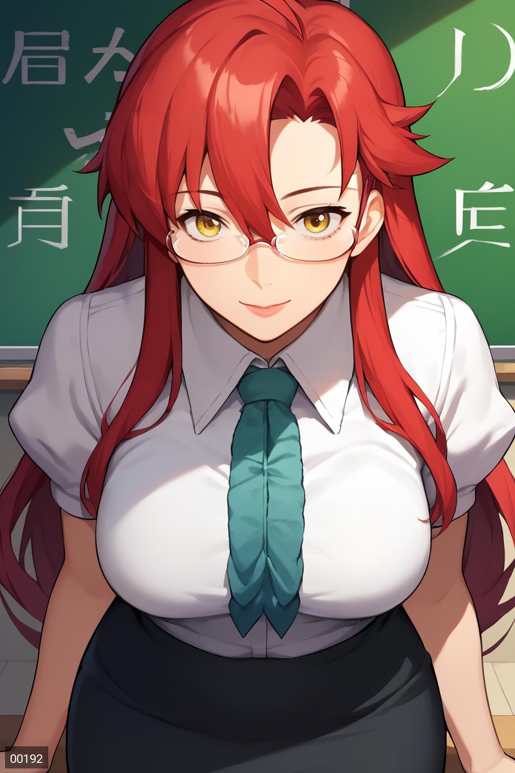 Anime girl with red hair and green tie standing in front of a chalkboard -  SeaArt AI