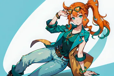 ultra detailed, masterpiece, best quality, solo,
 <lora:sonia:1> sonia, sonia \(pokemon\), aqua eyes, orange hair, side ponytail, heart hair ornaments, eyewear on head, 
green shirt, buttoned coat, bracelet, green nail polish, pants, green heel boots,