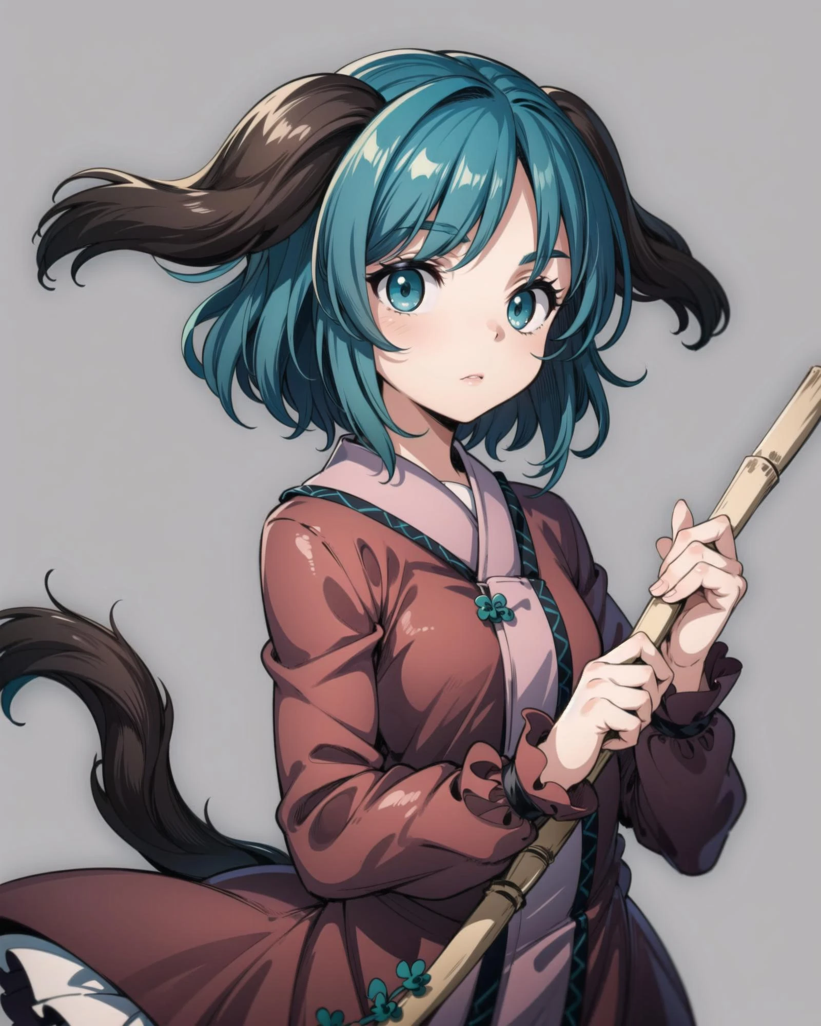 1girl,kasodani kyouko, animal ears, green hair,short hai,green eyes,long sleeves,dress,holding bamboo broom,grey background,solo,masterpiece, best quality, perfect composition,