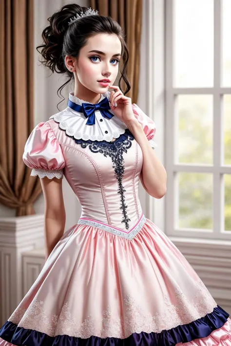 ((Masterpiece, best quality)), 
ballgown,edgPreppy,edgPreppy, a woman in a ([set of edgPreppy clothes,blazer|ballgown,ribbons,fr...