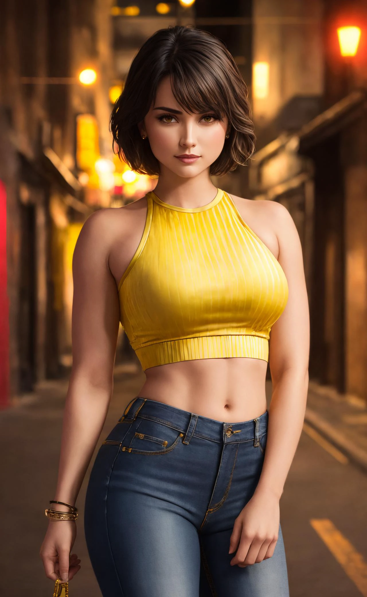 highly detailed женщина wearing  yellow crop top, в джинсах, Темная аллея , ночь, уличный свет, составить,

 крупный план, острый фокус, красивая ОЦД_женщина,идеальный ОФД_лицо, идеальный ОФД_тело, 
реалистичный, hyper реалистичный, пот, блестящая кожа,
полосы, ремни , фото, отмеченное наградами, чрезвычайно подробный, удивительный, мелкие детали, detailed eyes and лицо, большие груди, фитнес, короткие волосы, Наручные часы,  