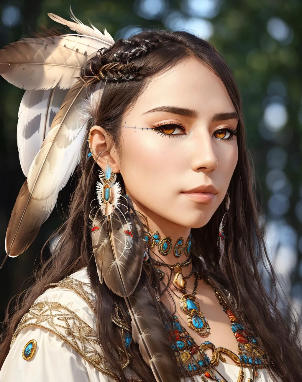 Masterpiece, absurdres, fine detail, HDR, highly detailed face and eyes, photorealistic,beautiful qcd_woman, a woman with a feather headdress and a dress ,perfect qcd_face, perfect qcd_body, face tattoo, ((brown skin))