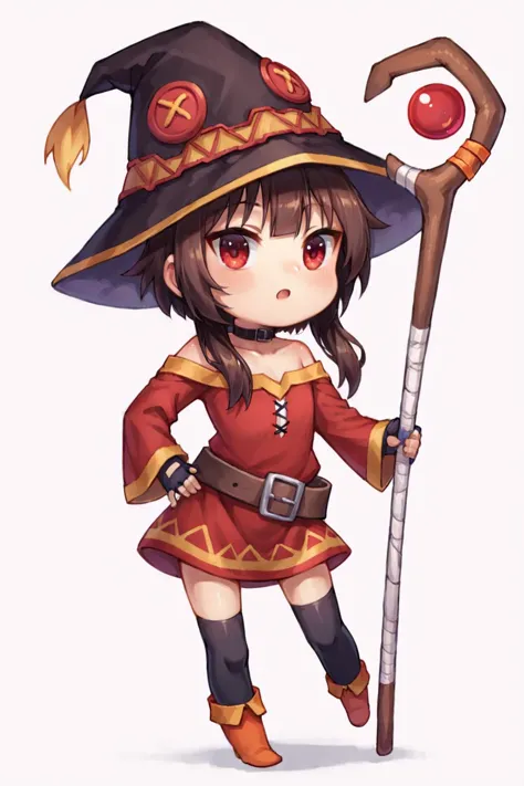 score_9, score_8_up, score_7_up, source_anime, highly detailed, 1girl,  megumin, chibi,  hat, witch hat, brown hair, staff, shor...