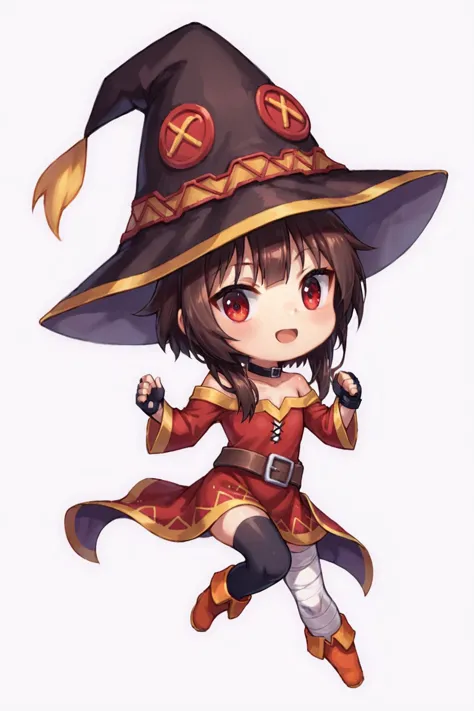 score_9, score_8_up, score_7_up, source_anime, highly detailed, 1girl,  megumin, chibi,  hat, witch hat, brown hair, staff, shor...