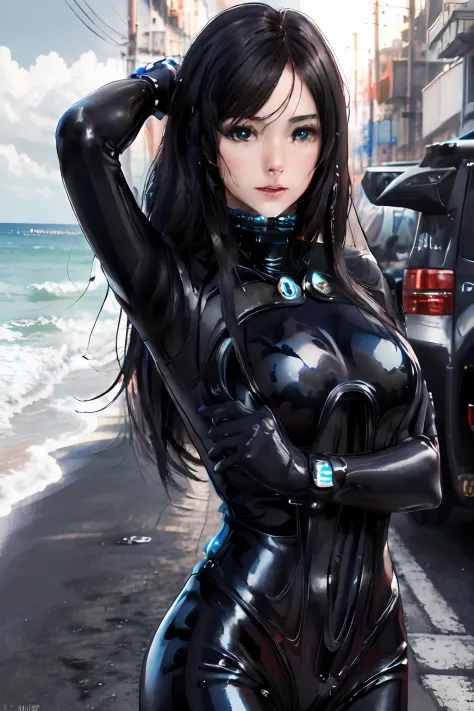 1girl, (masterpiece:1.3), highres, high quality, highres, ultra-detailed, best quality, (8k),  (perfect face and eyes:1.2), (textured skin), (pixiv), (solo), latex, science fiction, black bodysuite, bodysuit, gantz, reika, large hair, black hair, large breasts, blue eyes, (beach), night, tress, moon, (modeling pose:1.3), looking at viewer,