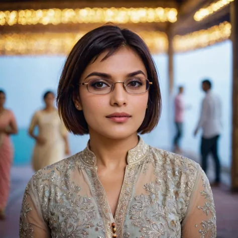 a woman in a dress and glasses standing in a room