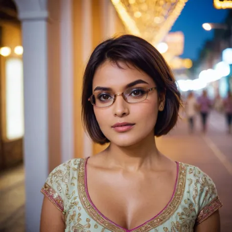 a close up of a woman wearing glasses standing on a street