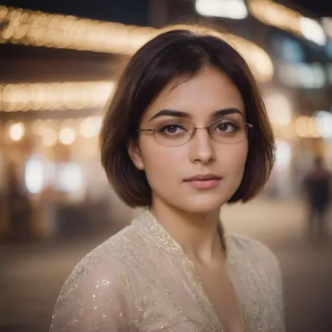 a woman with glasses and a white dress standing in a city