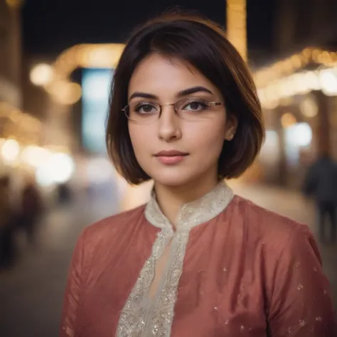 a close up of a woman wearing glasses and a pink jacket