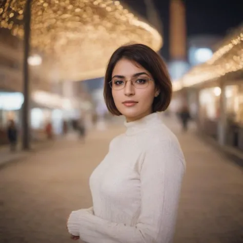 there is a woman standing in a mall with a christmas tree in the background