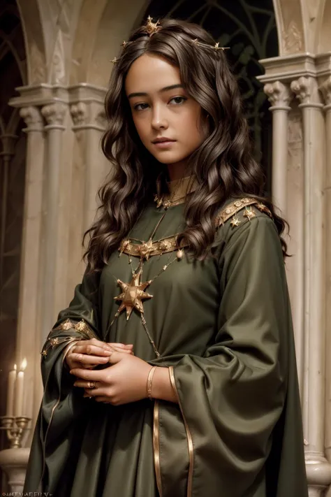 a woman in a green dress holding a gold cross