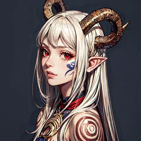 (ultra amazing beautiful detailed,32k, masterpiece:1.2),bust portrait, 1girl,wearing tribal clothing,horns,red eyes, tattoo, <lo...