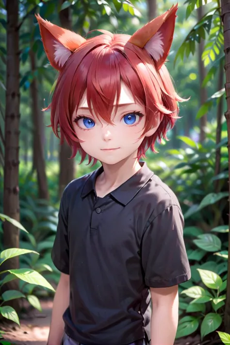 <lora:aki_sdxl_v10:0.6>,1boy, aki, crimson hair, animal ears, masterpiece, ultra detail, forest, blue eyes