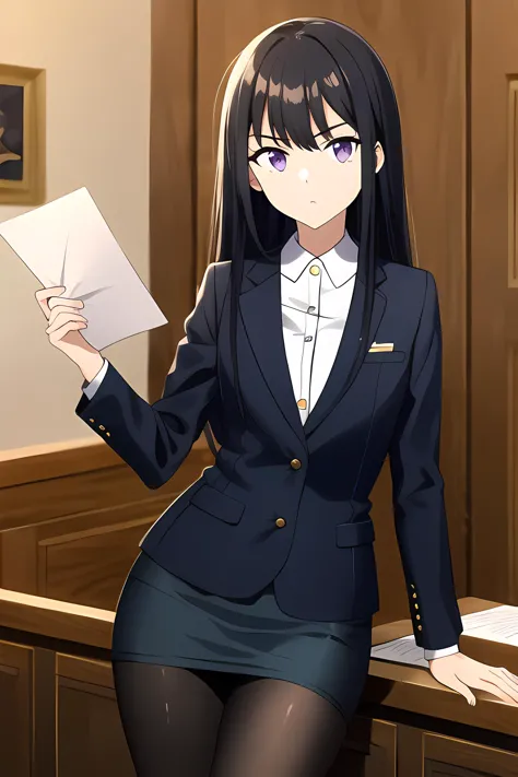 anime girl in a suit holding a piece of paper in her hand