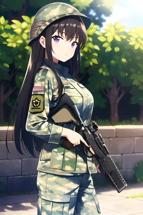 anime girl in uniform with rifle and helmet standing on sidewalk