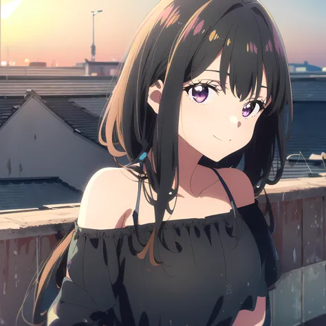 anime girl with long hair and black dress standing on a rooftop