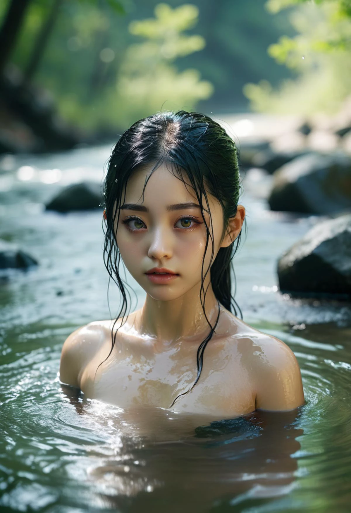 Tzuyu badet in einem Fluss am Waldrand, untergetaucht, Mit schwarzen Augen, Schwarzes nasses Haar, Tiefenschärfe, Weicher Fokus, realistisches Wasser, Wasserreflexionen,   