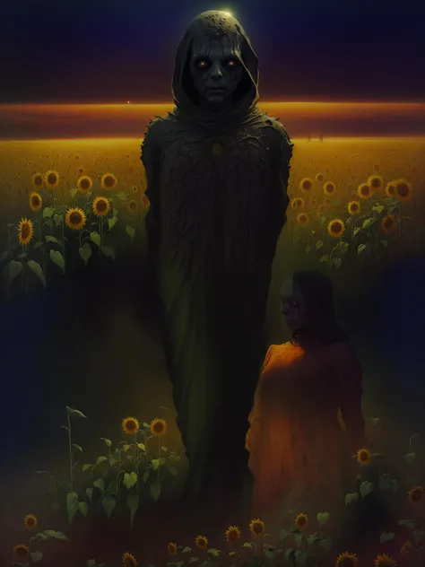 <lora:Zdzislaw_Beksinski_ArtStyle_selected:0.8>,  horror sci fi movie poster, a field of sunflowers by zdzislaw beksinski, wayne...