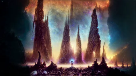 abstract, surrealist, photo of an warrior standing on the edge of a rocky mountain on an unknown planet, alien planet with unknown fauna and flora species, far horizon, moons and stars, low angle, colorful edge lighting, god rays, shot on RED camera 50mm, <lora:add_detail:0.8>, <lora:fantasy00d:0.5>, <lora:FantasyLandscape:0.5>, <lora:Zdzislaw_Beksinski_ArtStyle_selected:0.4>, highly detailed, 4k UHD HDR, masterpiece, intricate details, realistic, photorealistic